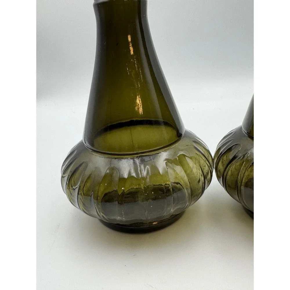 Vintage Olive Green Genie Bottle Decanters Set of 2 Mid Century Glass D-334 1964